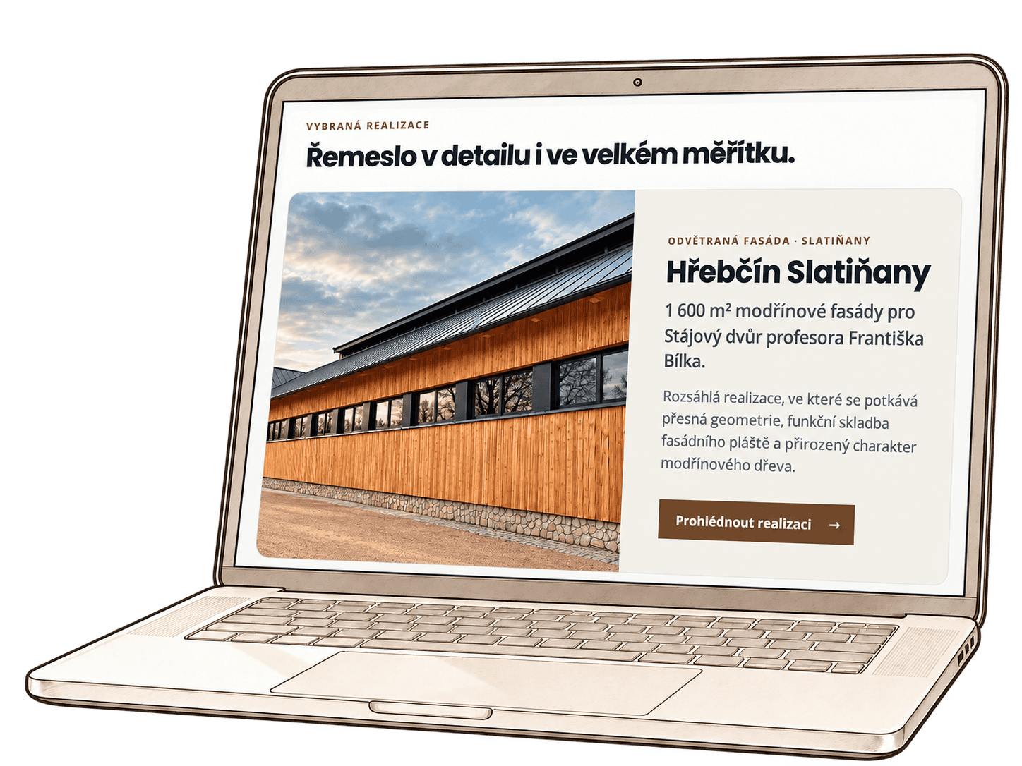 Web Larix Fraximus s realizací Hřebčín Slatiňany na jemně skicovaném notebooku