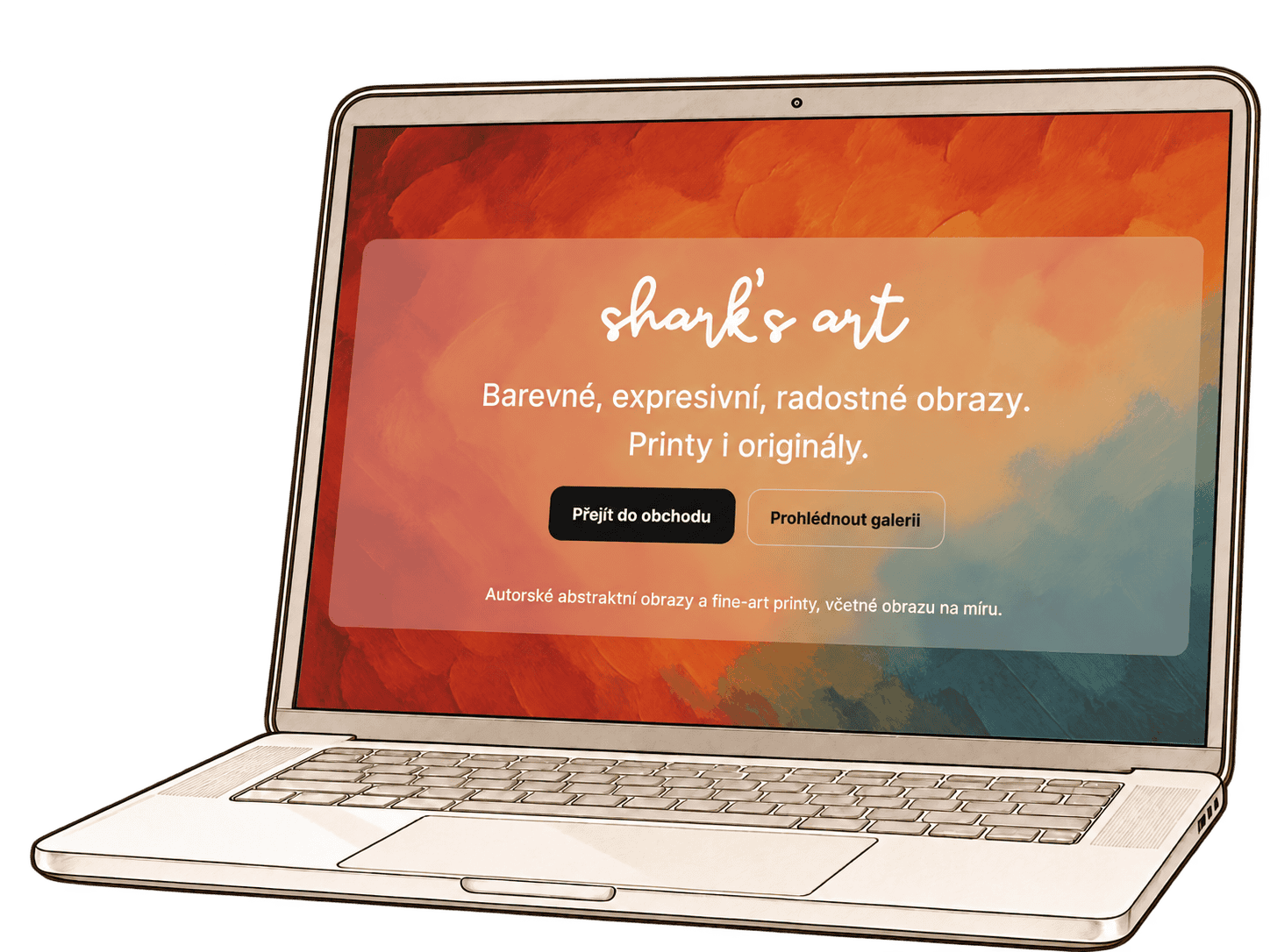 Web autorského e-shopu Sharks Art na jemně skicovaném notebooku