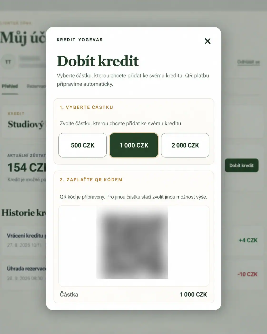 Dialog pro dobití kreditu s výběrem částky a QR platbou