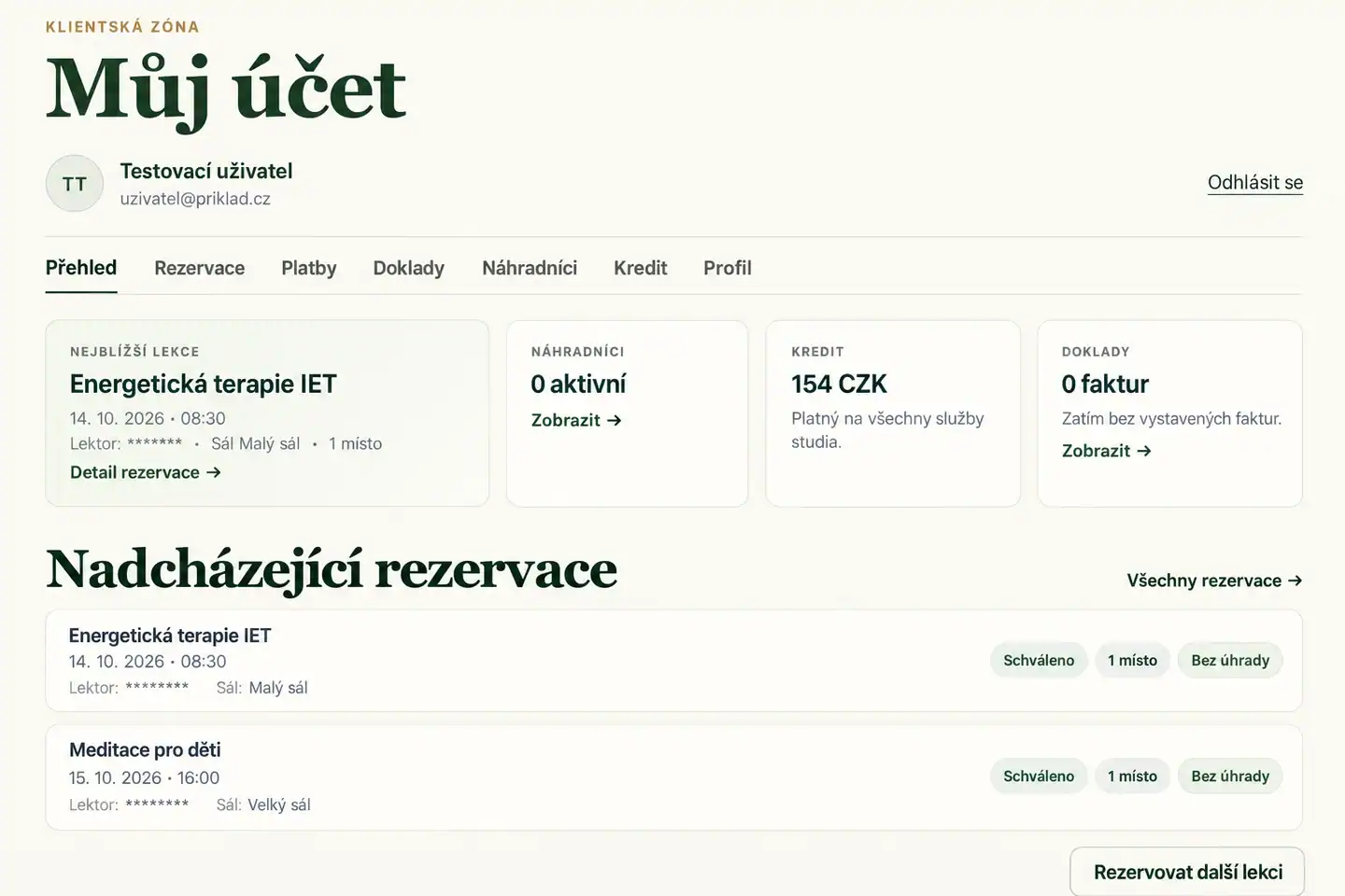 Klientská zóna YOGEVAS s přehledem rezervací, kreditu a dalších služeb