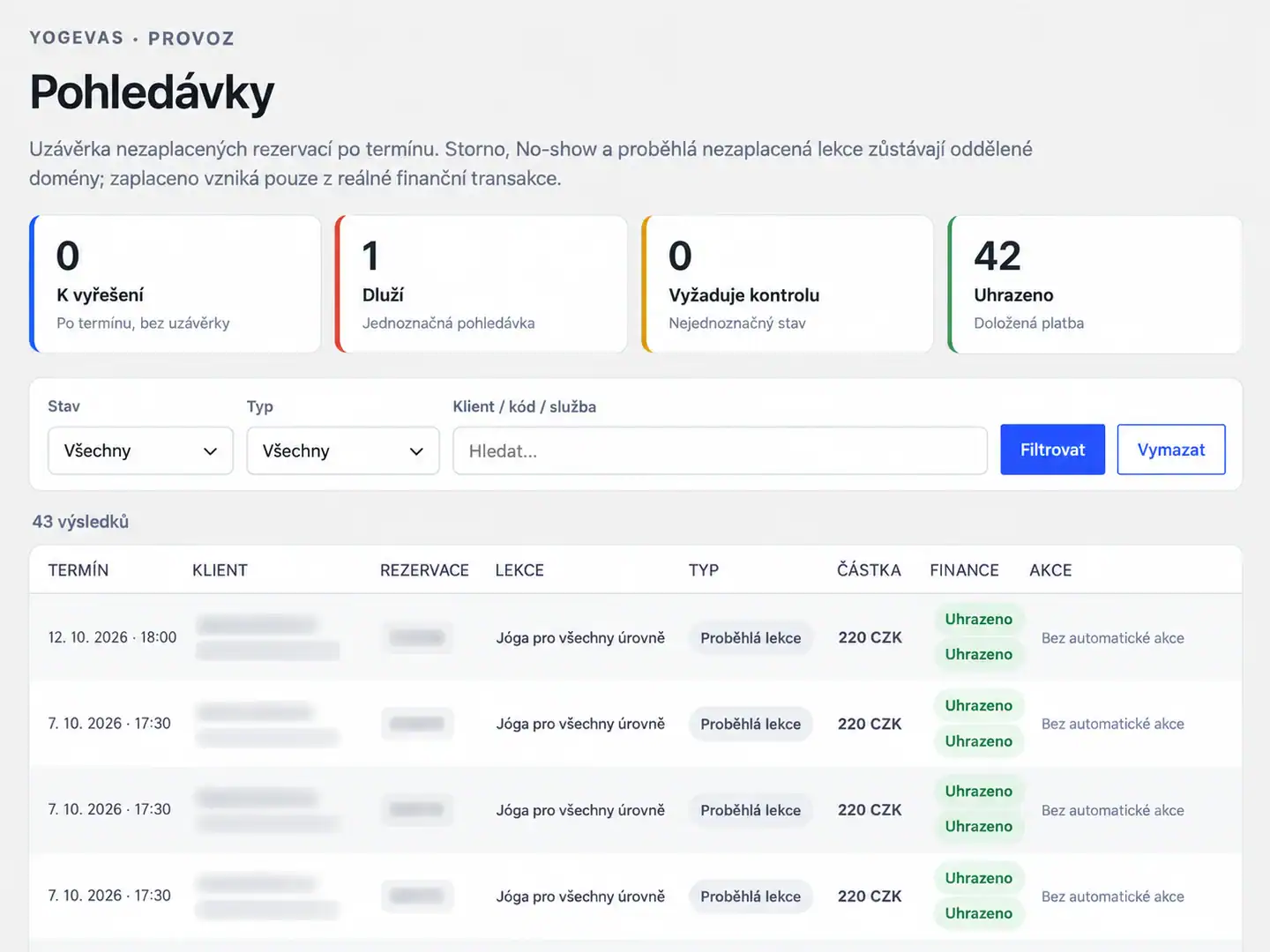 Administrace YOGEVAS s přehledem stavu pohledávek a evidencí úhrad